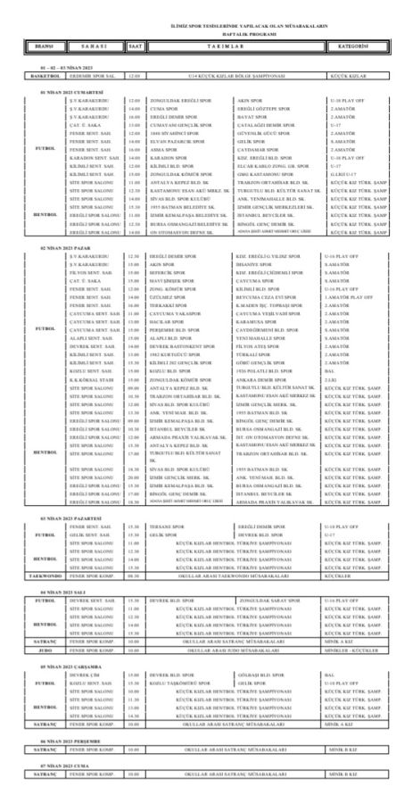 İLİMİZ SPOR TESİSLERİNDE YAPILACAK OLAN MÜSABAKALARIN  HAFTALIK PROGRAMI