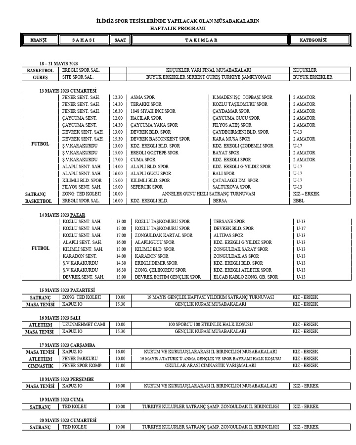 İLİMİZ SPOR TESİSLERİNDE YAPILACAK OLAN MÜSABAKALARIN HAFTALIK PROGRAMI