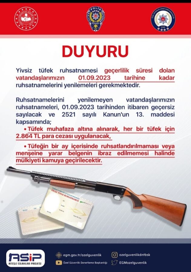 SÜRESİ DOLAN YİVSİZ TÜFEK RUHSATLARI