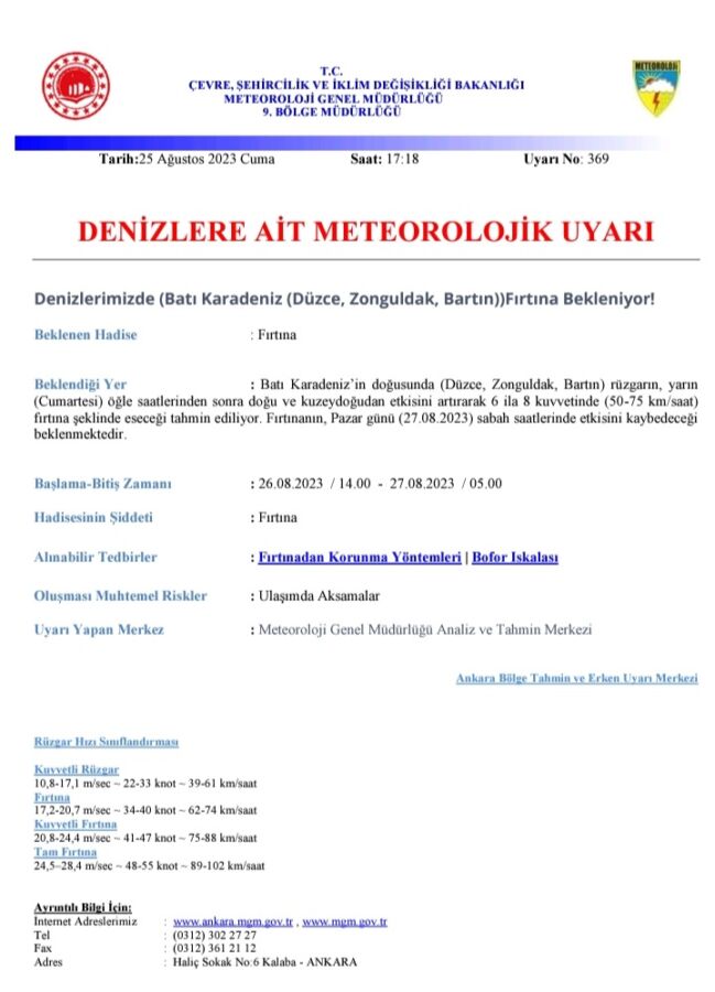 DENİZLERE AİT METEOROLOJİK UYARI