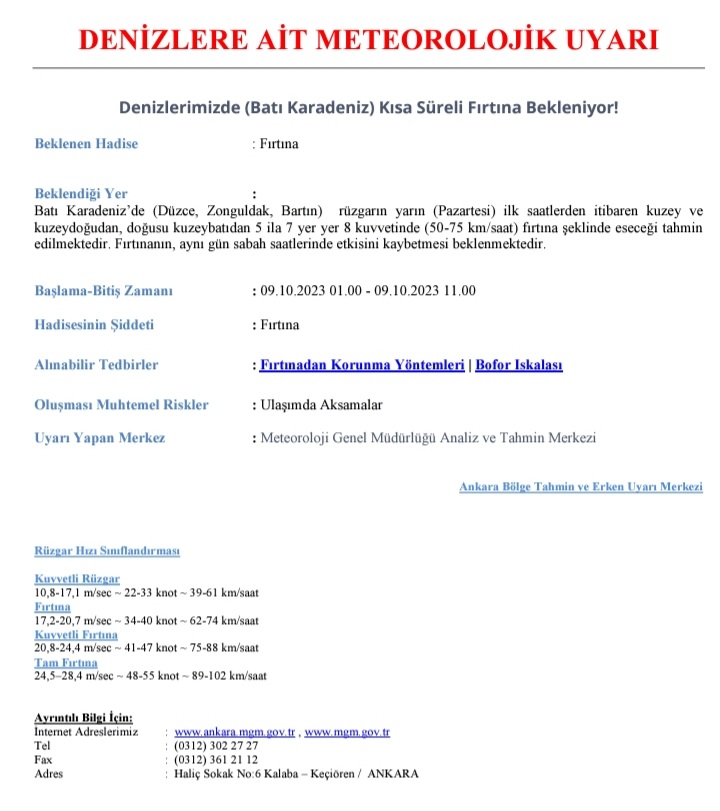 DENİZLERE AİT METEOROLOJİK UYARI