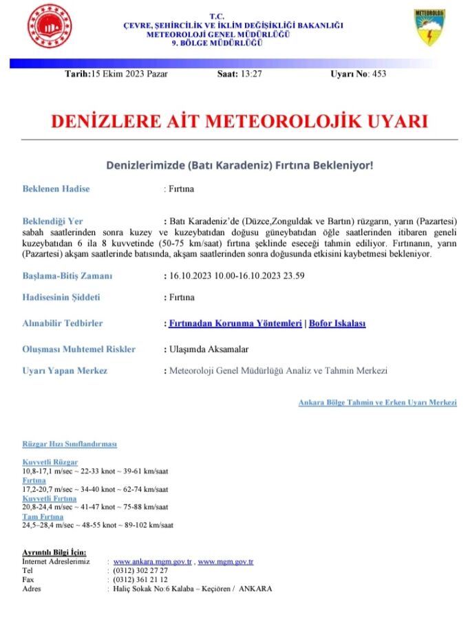 DENİZLERE AİT METEOROLOJİK UYARI